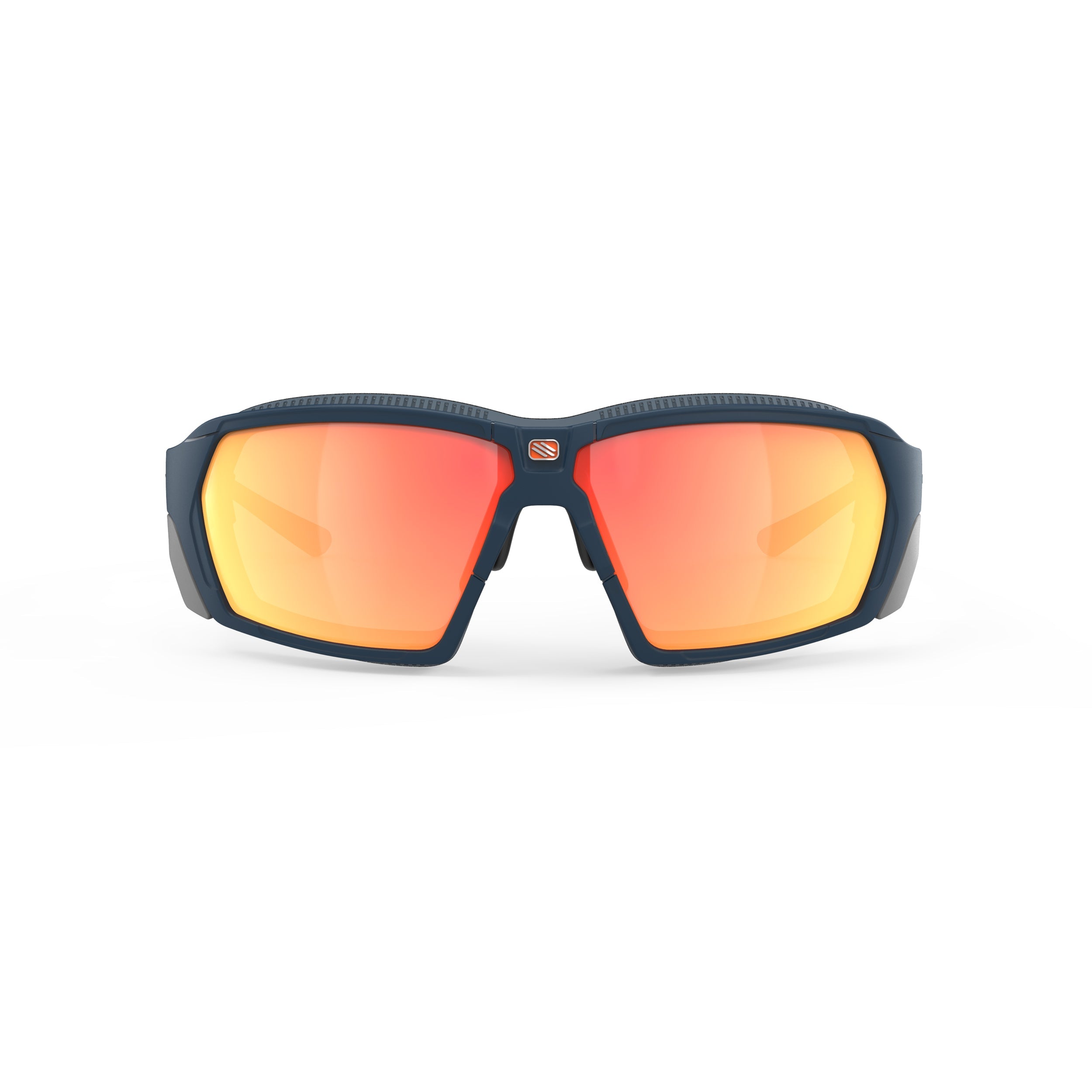 Rudy Project Agent Q Navy Matte mirrored multilaser orange performance sunglasses – front view, alternate angle