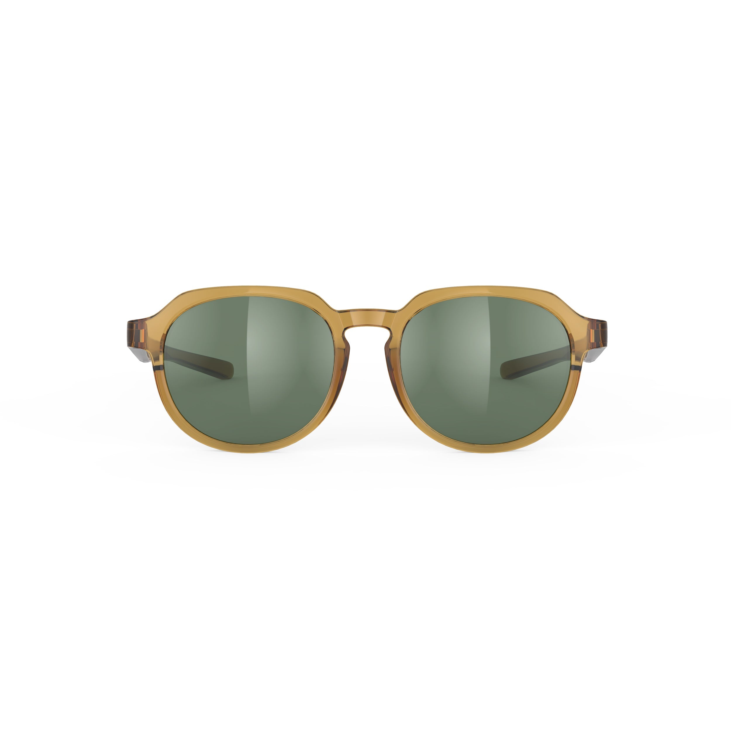 Rudy Project Glamshady Crystal Butterscotch Gloss mirrored green performance sunglasses – front view, alternate angle