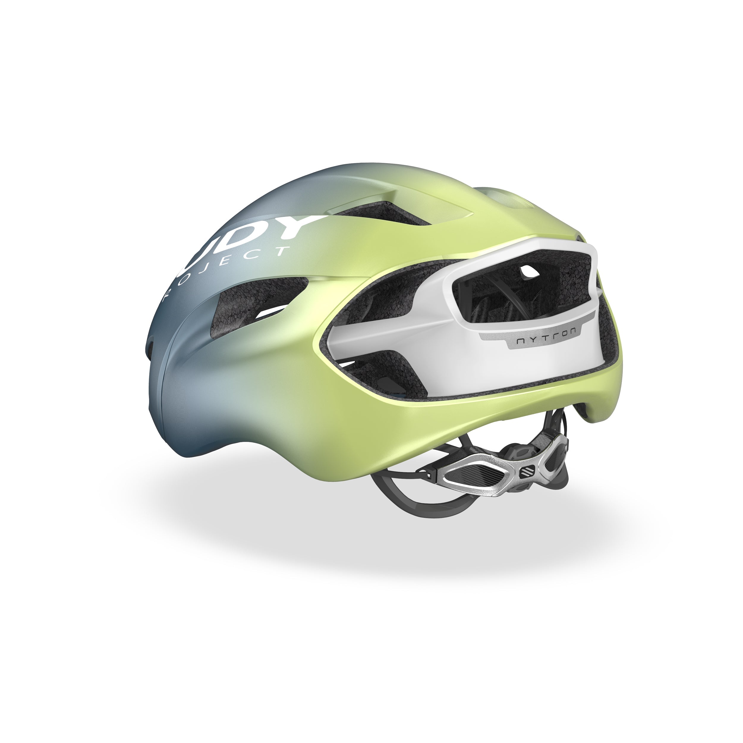 Rudy Project Nytron Blue Avio/Apple Green Metal Matte cycling helmet – side view, opposite side