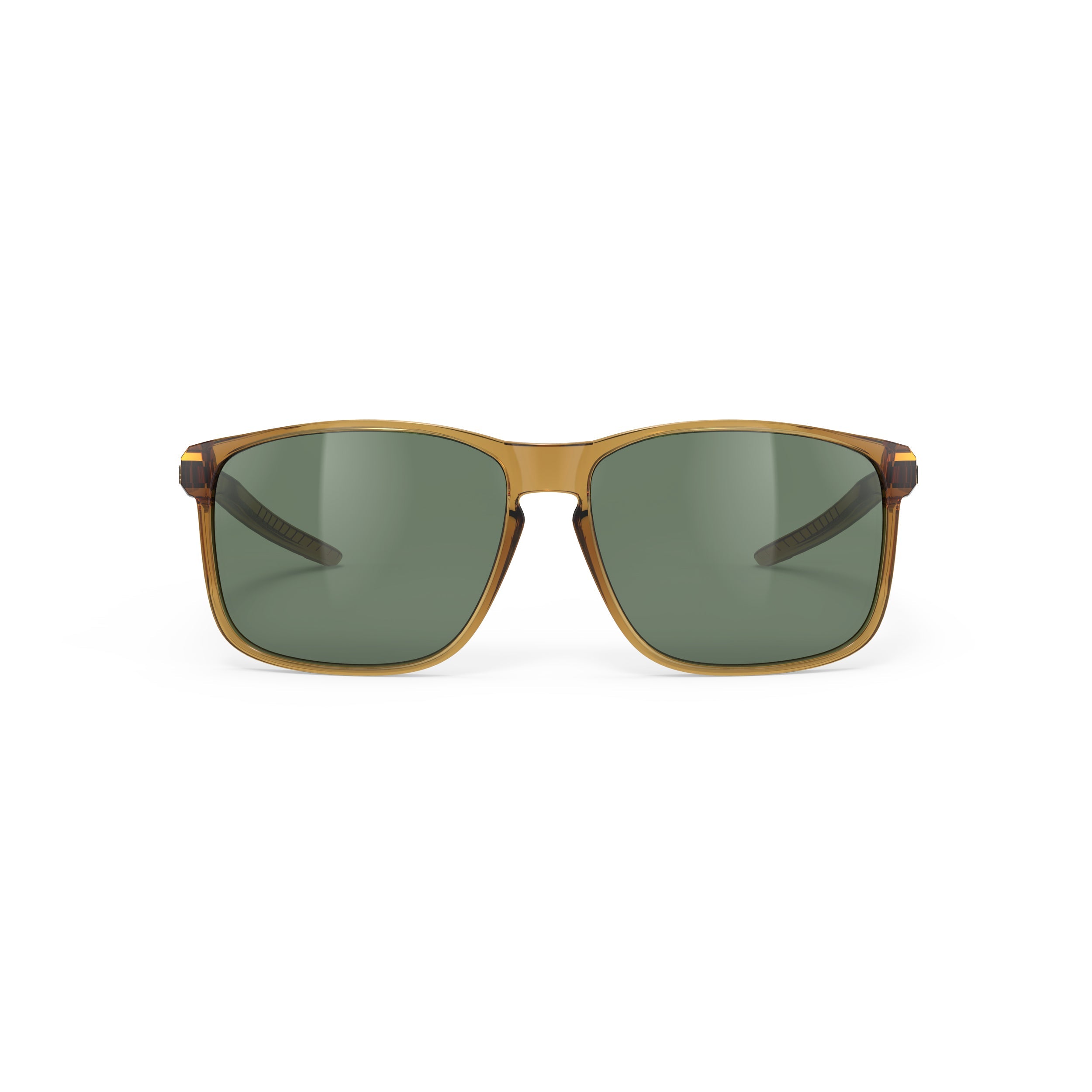 Rudy Project Overlap Crystal Butterscotch Gloss mirrored green performance sunglasses – front view, alternate angle