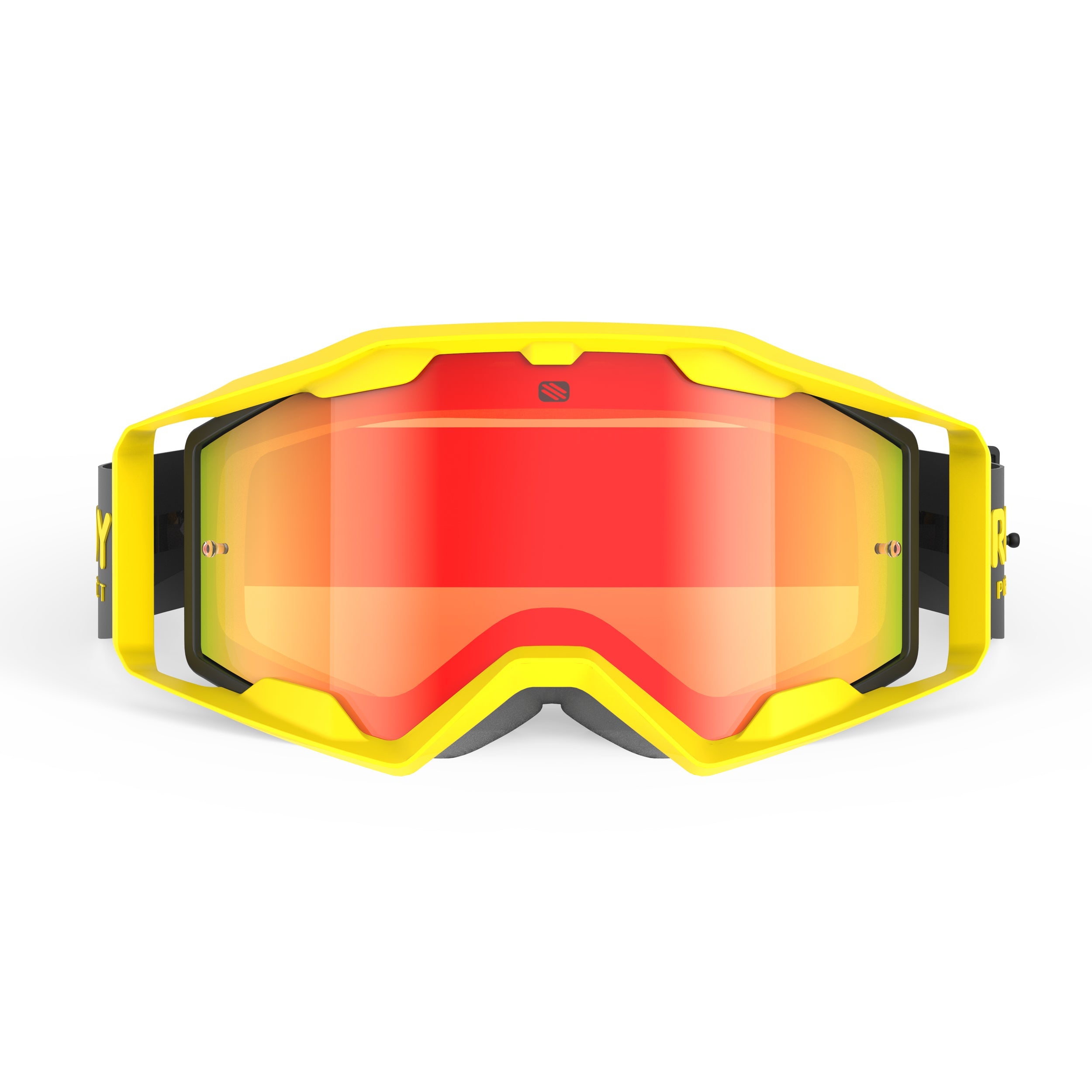 Rudy Project Override Yellow Matte mirrored multilaser orange mtb goggles – front view, alternate angle