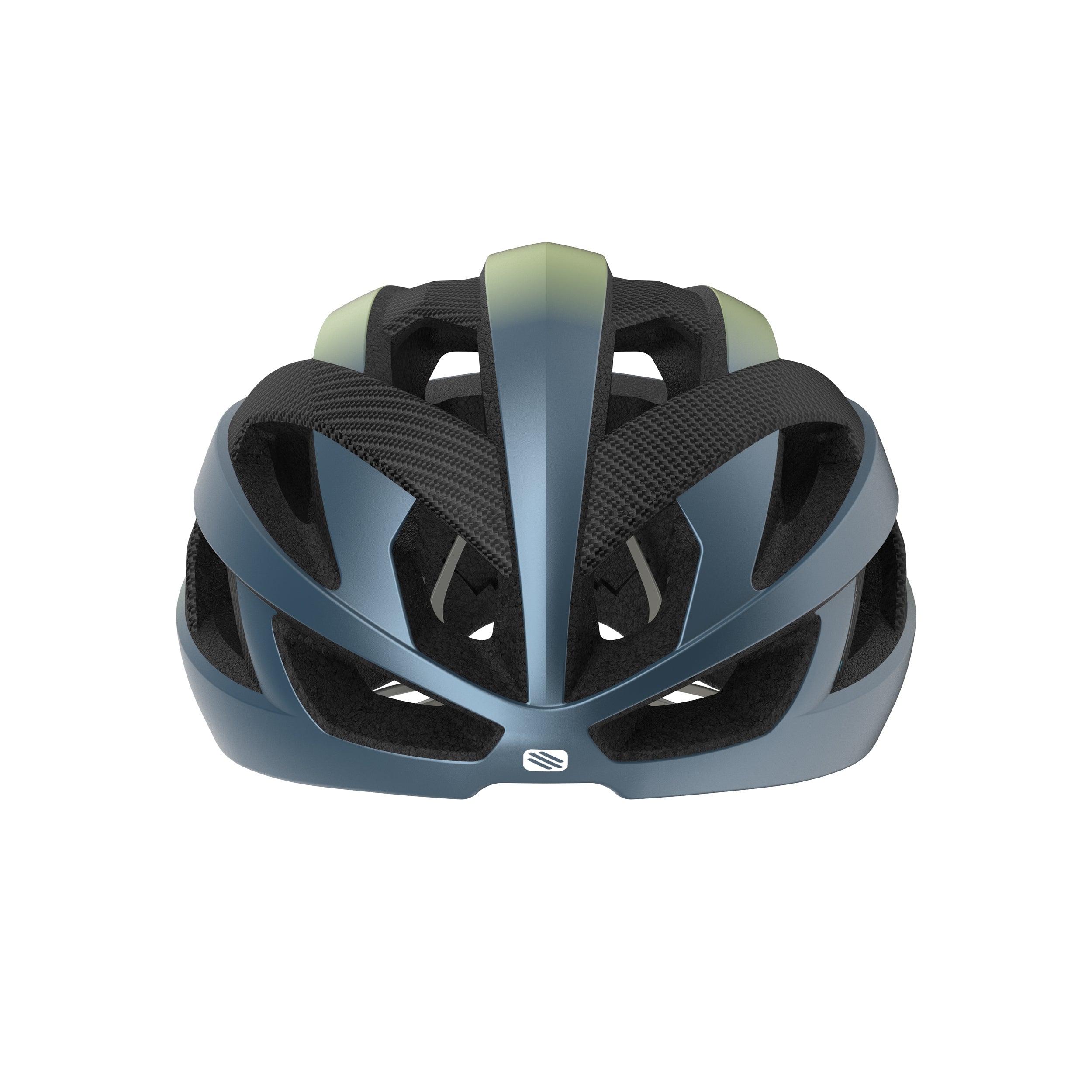 Rudy Project Rebel Blue Avio/Apple Green Metal Matte cycling helmet – front view, alternate angle
