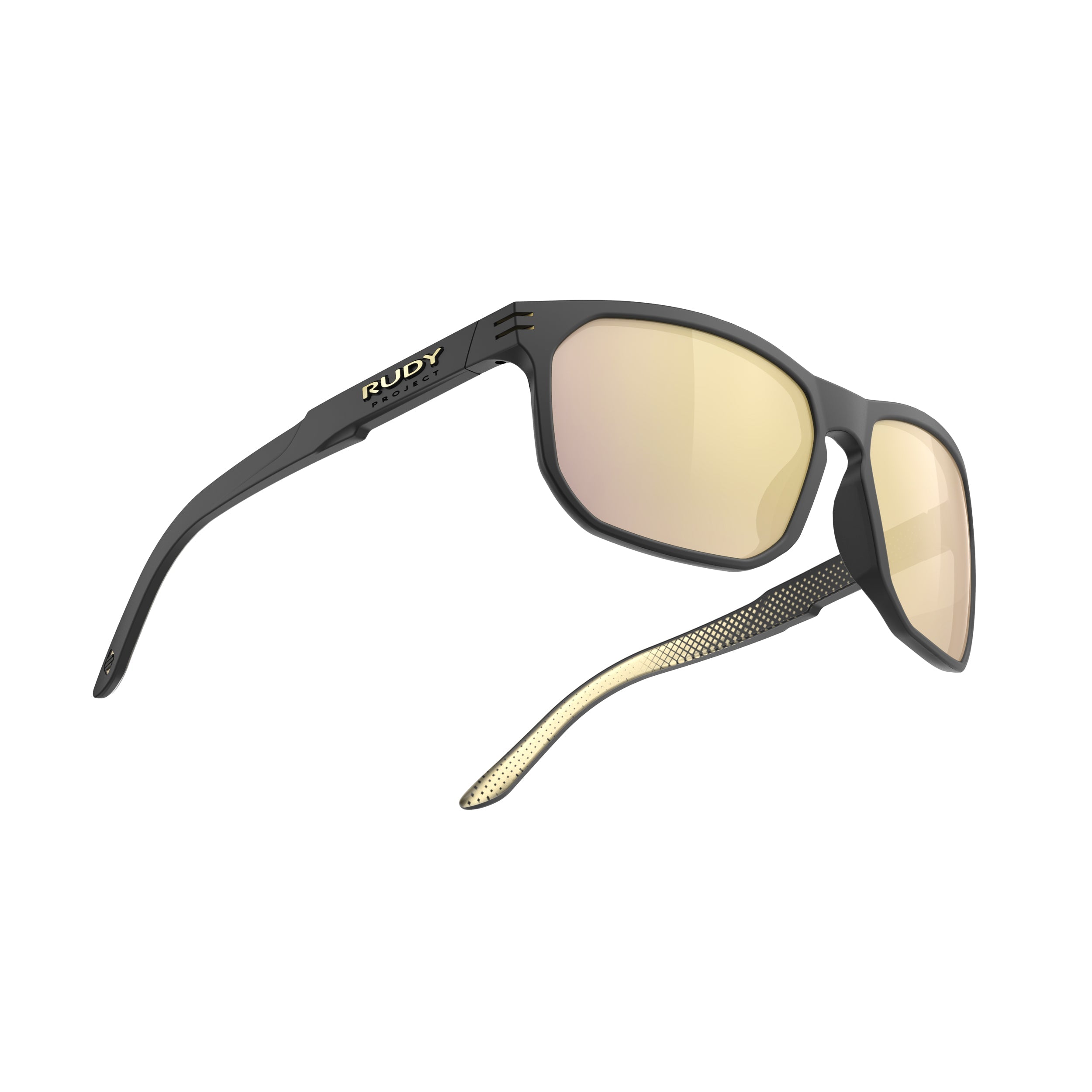 Rudy Project Soundrise Black Matte Ice Gold Pattern mirrored multilaser gold performance sunglasses – side view