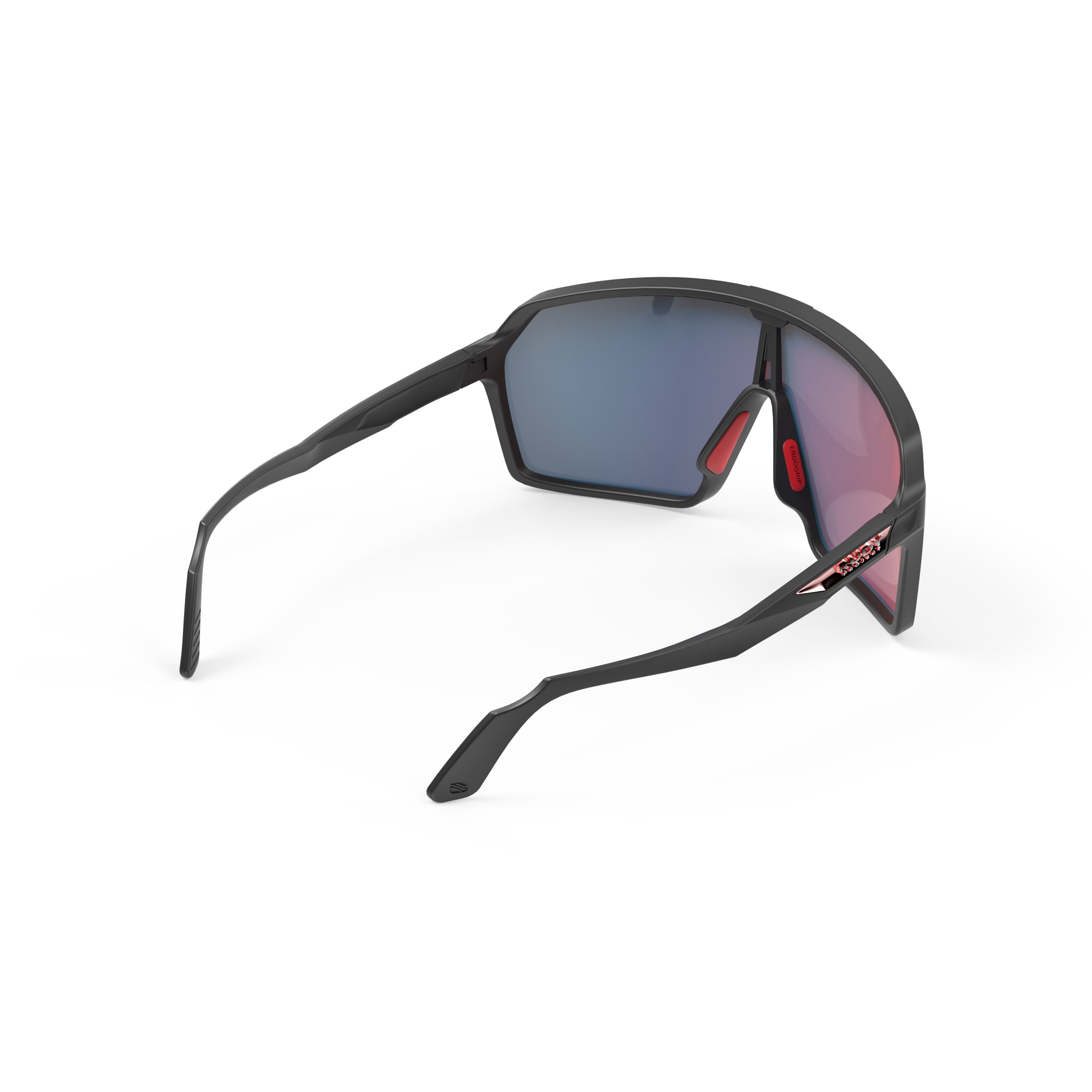Rudy Project Spinshield Black Matte Mirrored Multilaser Red Performance Sunglasses – Front View, rear view