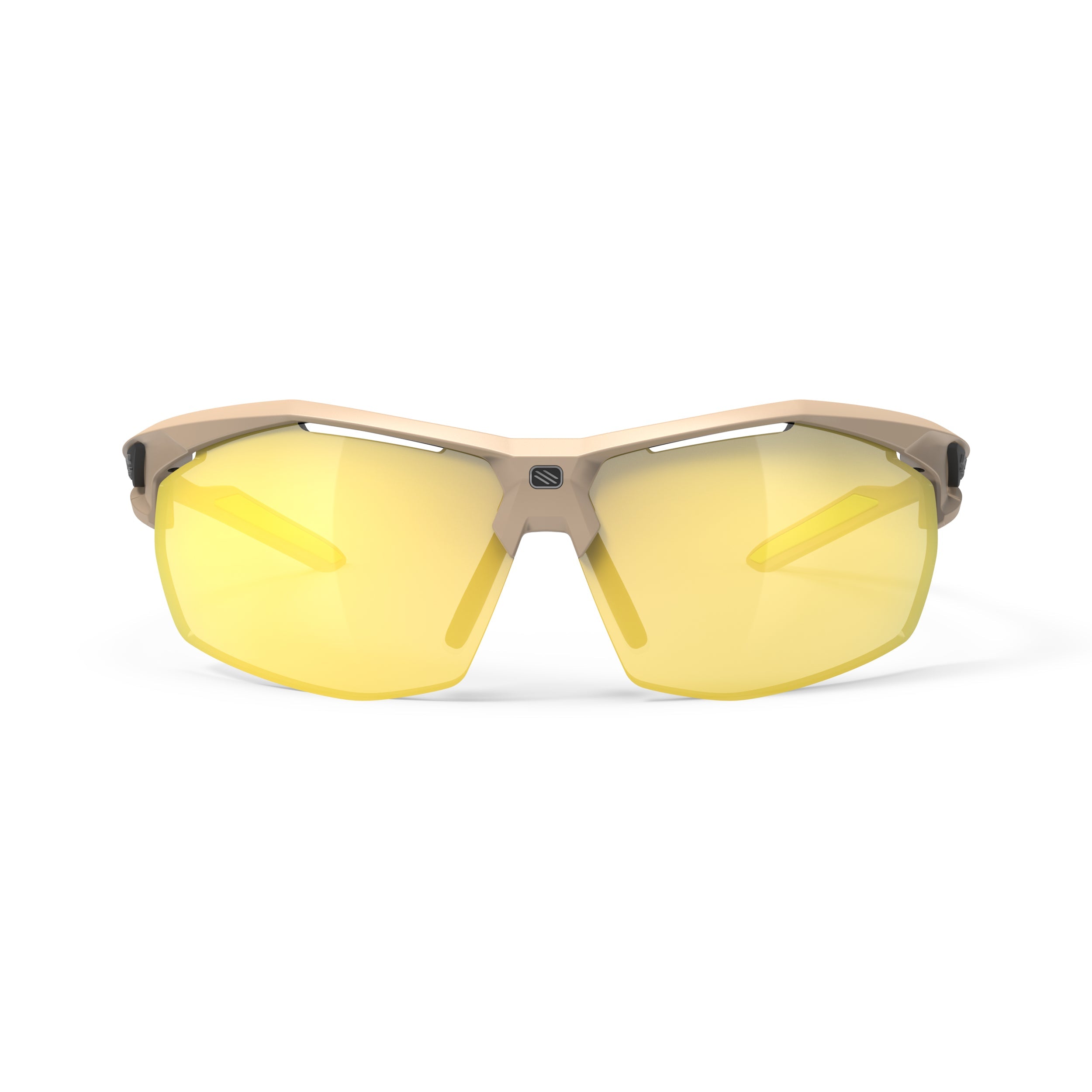 Rudy Project Sydus Desert Matte mirrored multilaser yellow performance sunglasses – front view, alternate angle