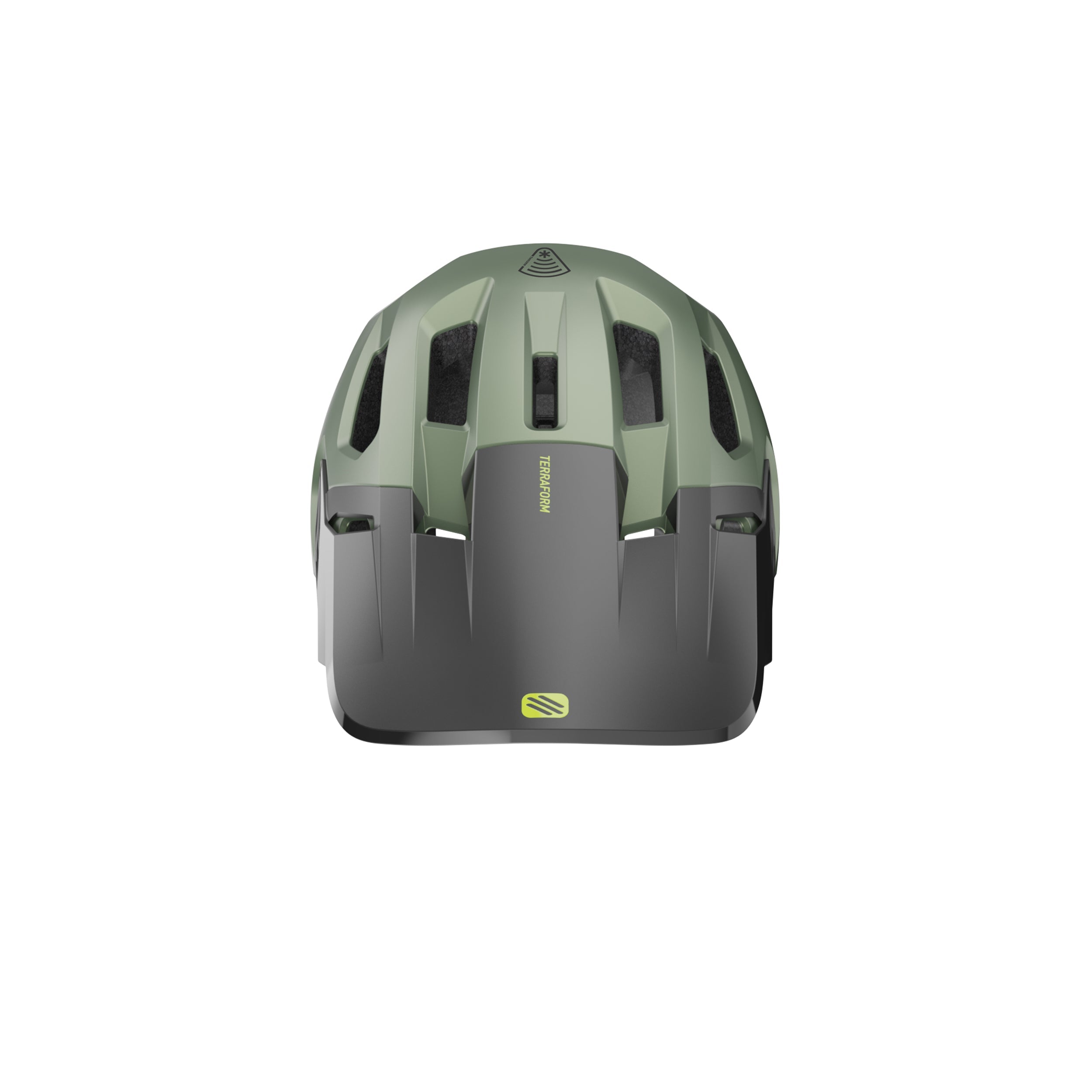 Rudy Project Terraform Met.Olive/Black/Acid Green Matte cycling helmet – front view, alternate angle