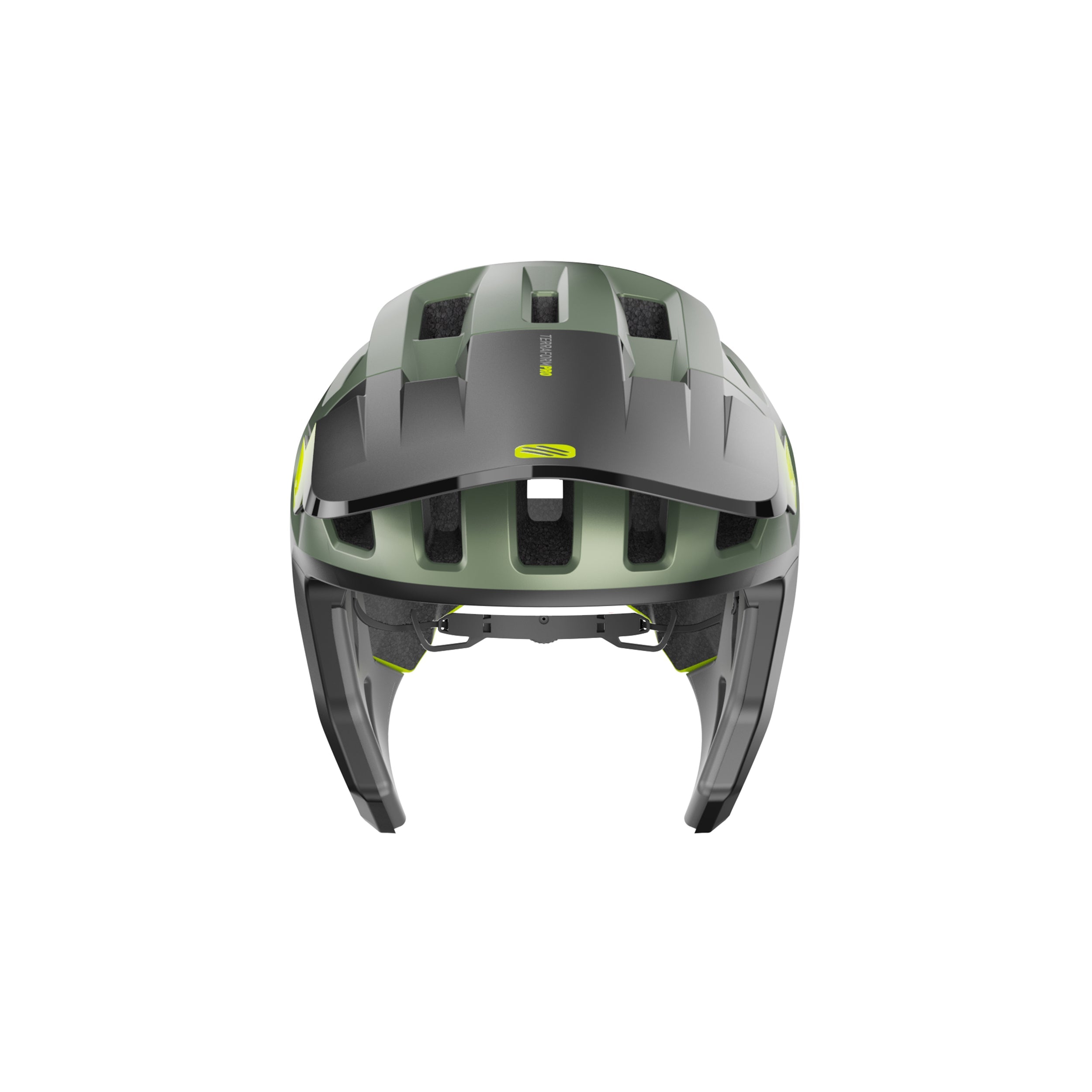 Rudy Project Terraform Pro Metal Olive Matte cycling helmet – front view, alternate angle