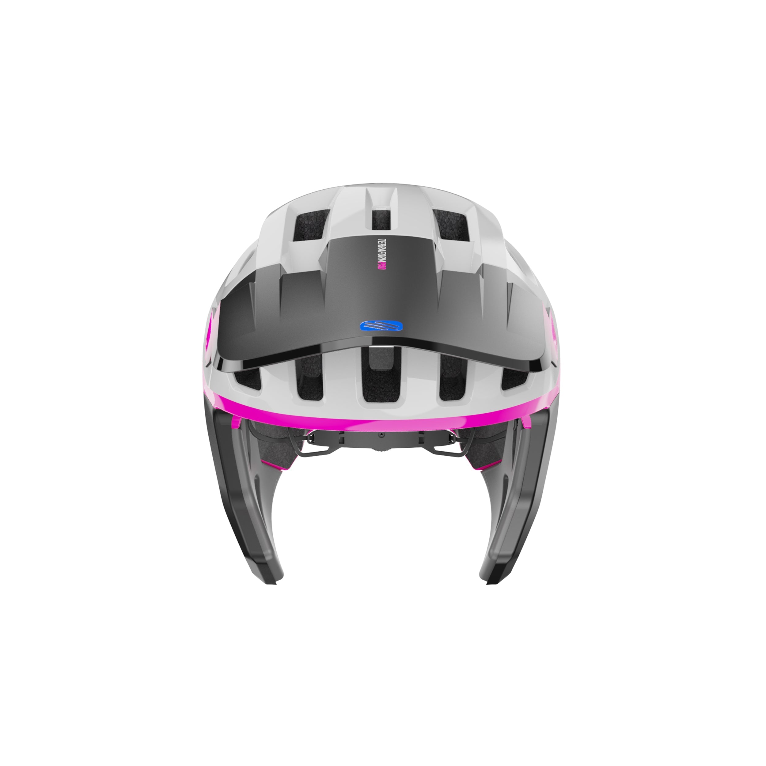 Rudy Project Terraform Pro White/Pink/Cyber Blue Shiny cycling helmet – front view, alternate angle