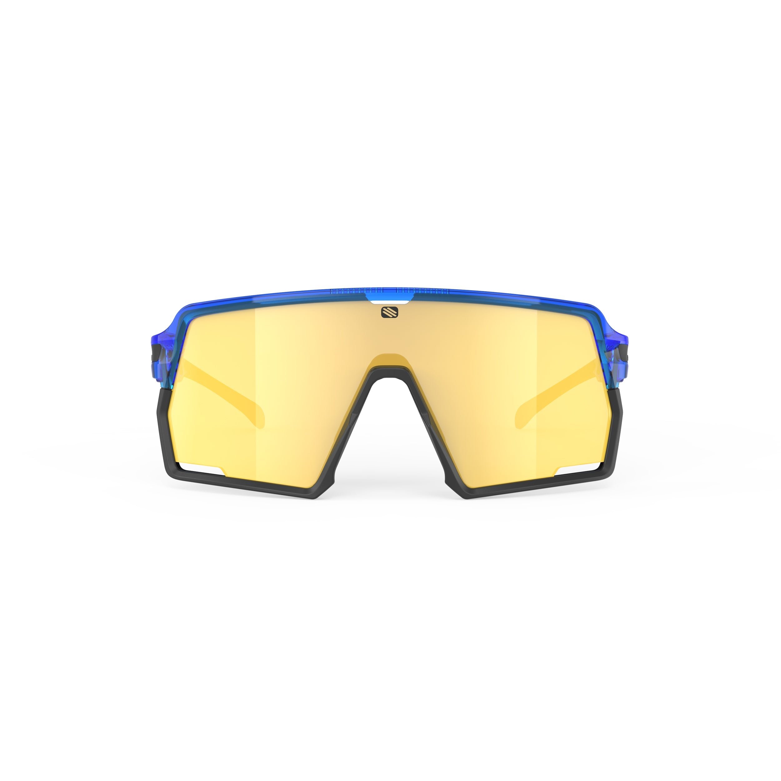 Rudy Project Kelion Crystal Blue mirrored multilaser yellow performance sunglasses – front view, alternate angle