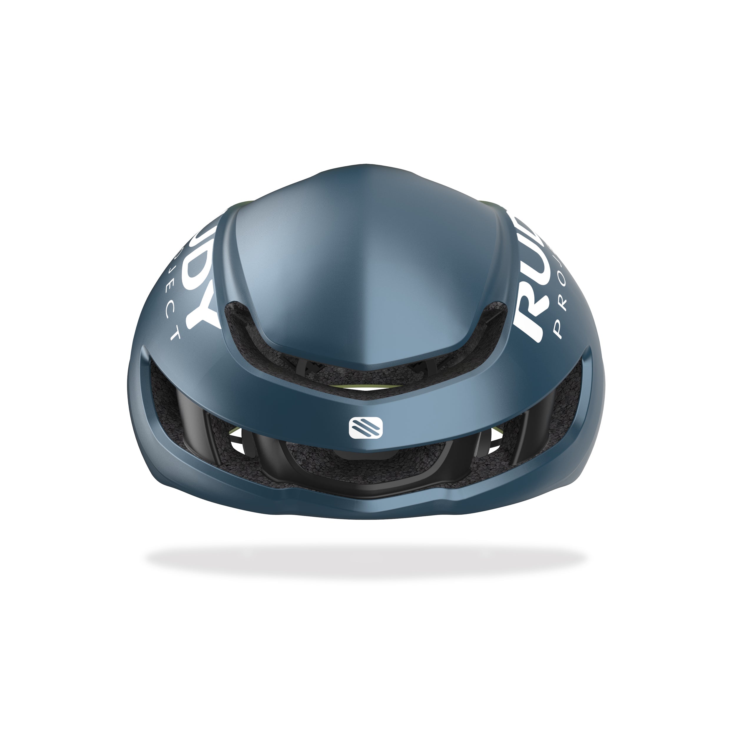 Rudy Project Nytron Blue Avio/Apple Green Metal Matte cycling helmet – front view, alternate angle
