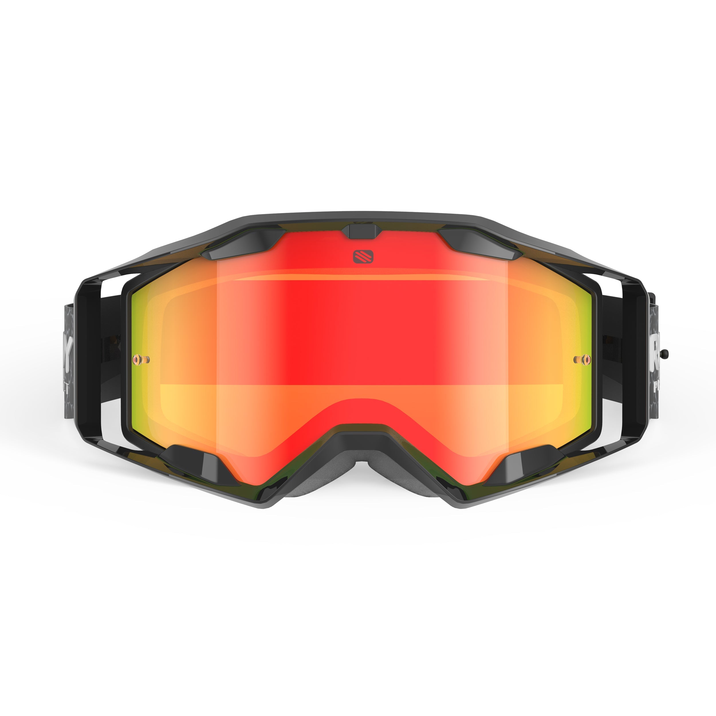 Rudy Project Override Black Gloss mirrored multilaser orange mtb goggles – front view, alternate angle