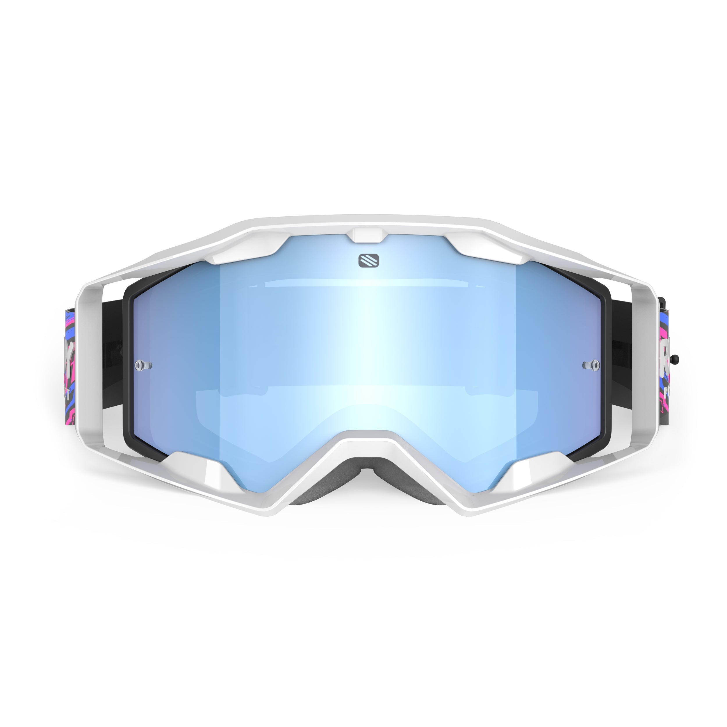 Rudy Project Override White Gloss mirrored multilaser ice mtb goggles – front view, alternate angle