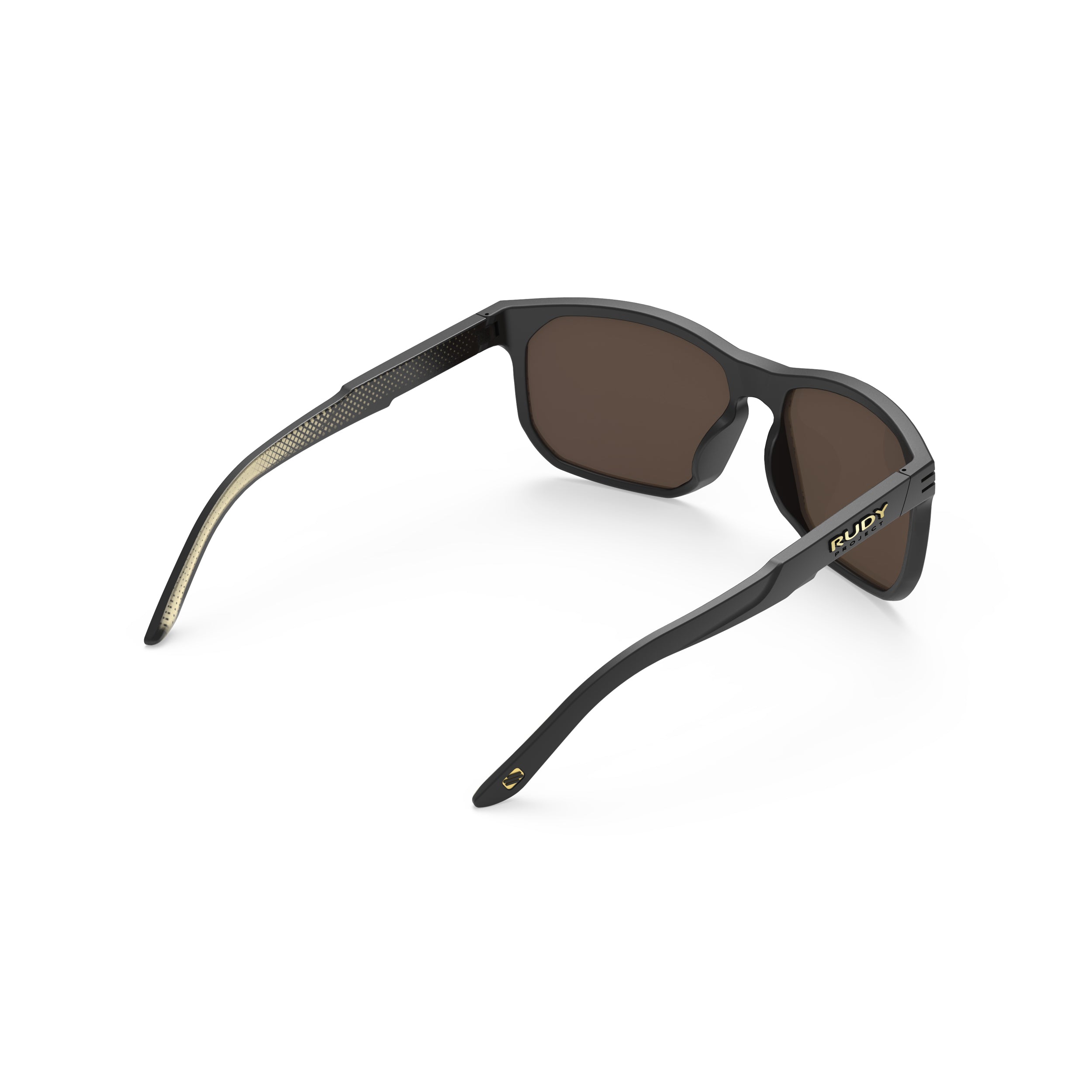 Rudy Project Soundrise Black Matte Ice Gold Pattern mirrored multilaser gold performance sunglasses – rear view