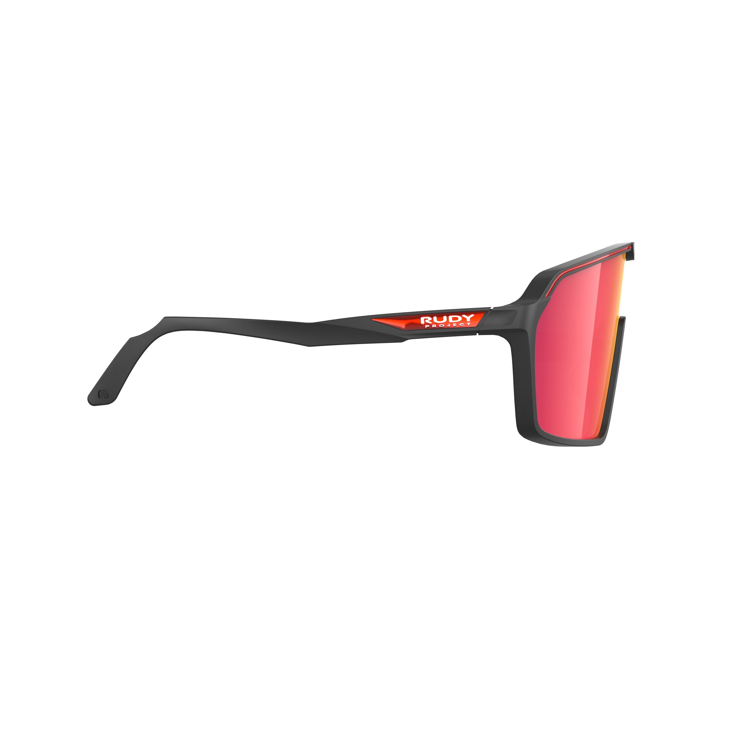 Rudy Project Spinshield Black Matte Mirrored Multilaser Red Performance Sunglasses – Front View, side view, opposite side