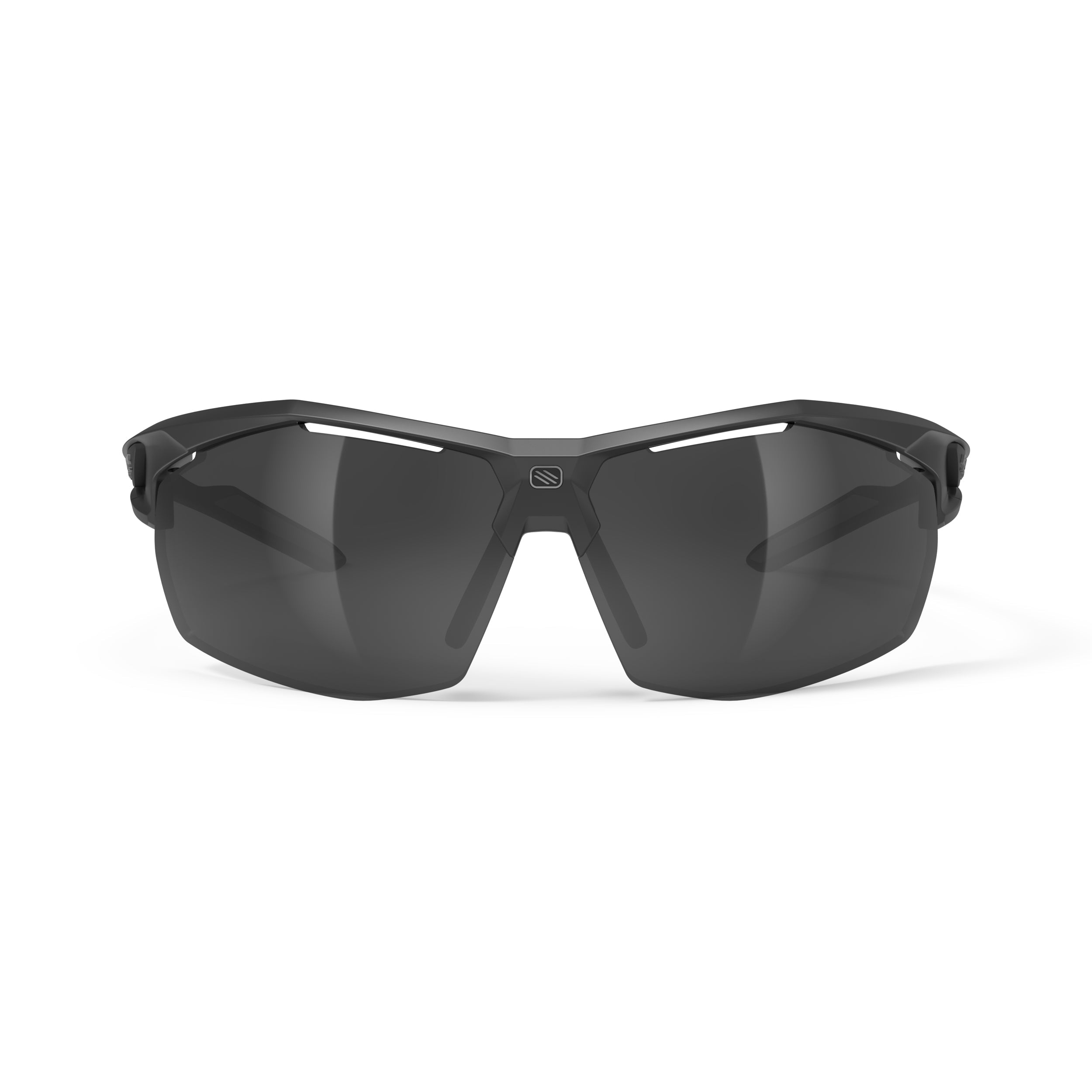 Rudy Project Sydus Black Matte mirrored smoke black performance sunglasses – front view, alternate angle