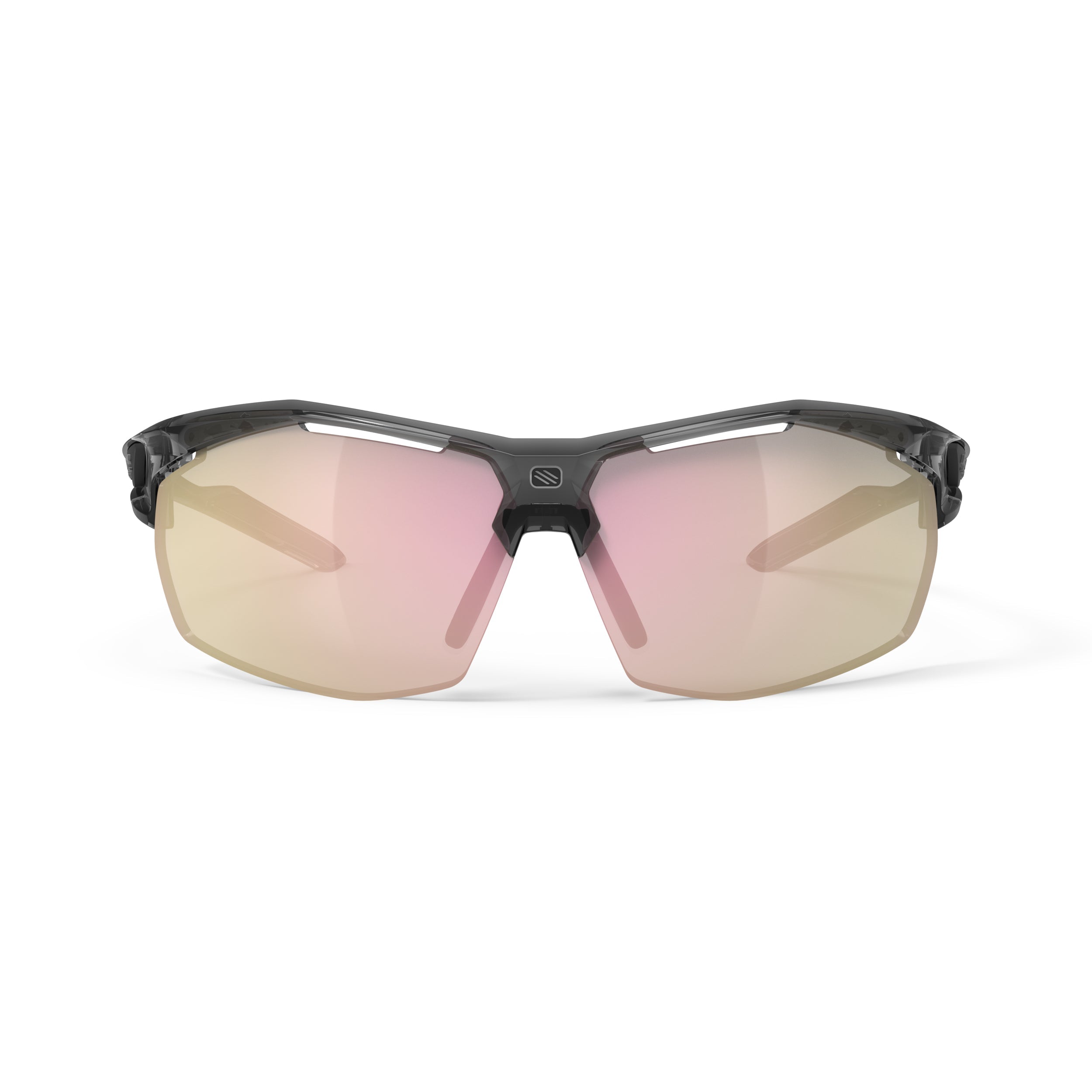 Rudy Project Sydus Crystal Ash mirrored multilaser rose gold performance sunglasses – front view, alternate angle