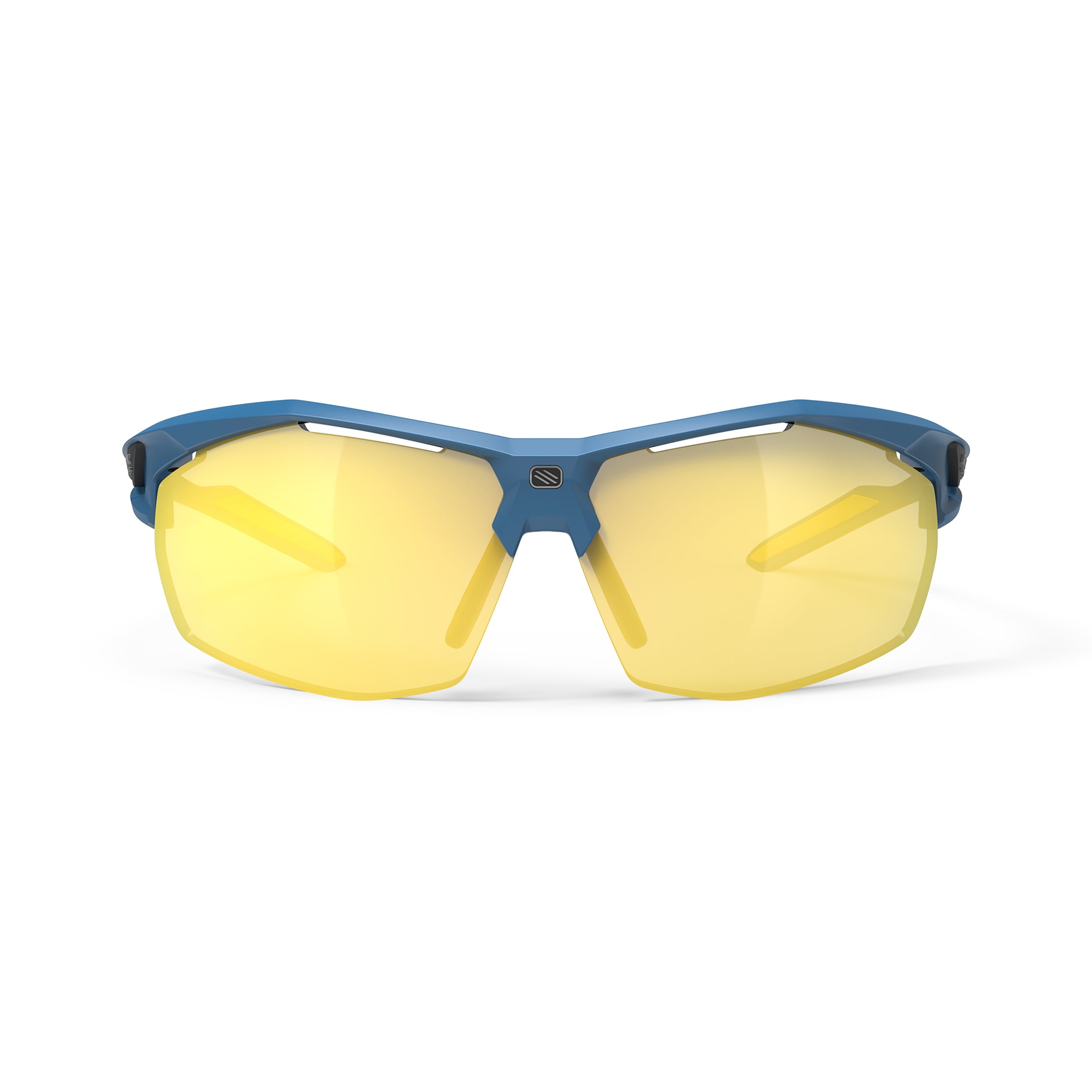 Rudy Project Sydus Pacific Blue Matte mirrored multilaser yellow performance sunglasses – front view, alternate angle