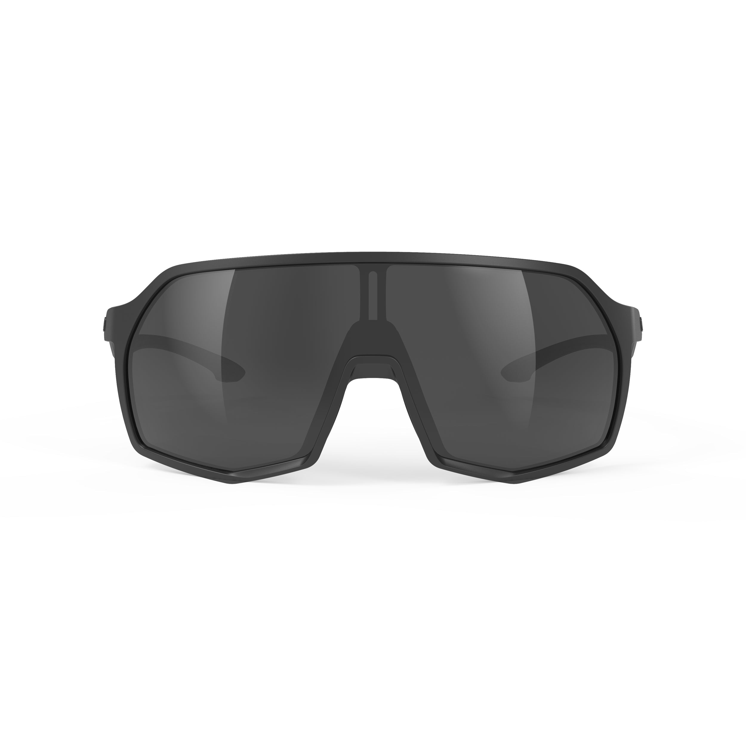 Rudy Project Thunder Black Matte mirrored smoke black performance sunglasses – front view, alternate angle